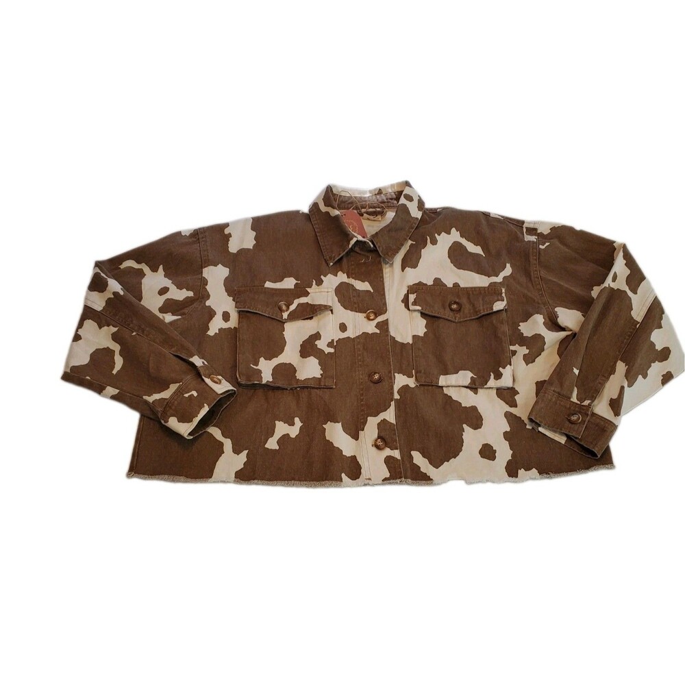 Grace & Emma Denim Brown Cow Print Shacket Jacket Sz S Oversized  Button Front